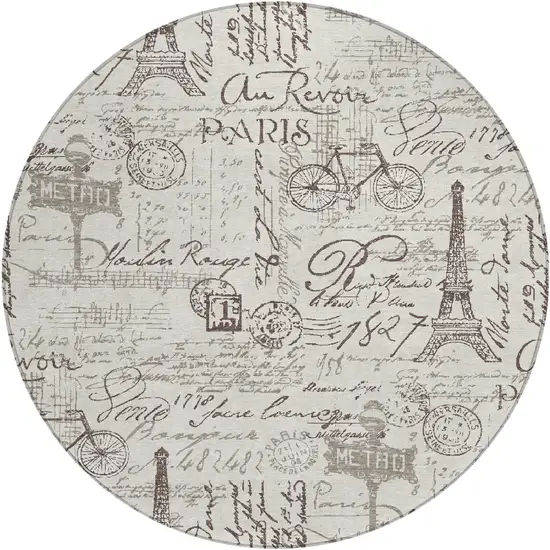 8' Linen Taupe And Ivory Round Toile Washable Indoor Outdoor Area Rug Photo 1