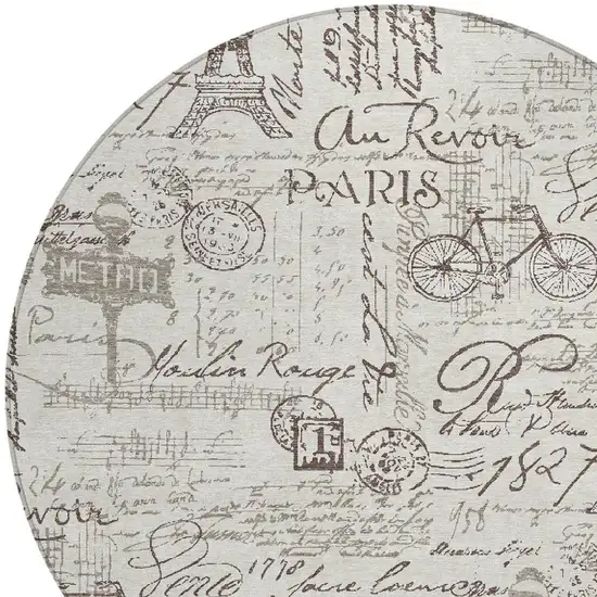 8' Linen Taupe And Ivory Round Toile Washable Indoor Outdoor Area Rug Photo 5