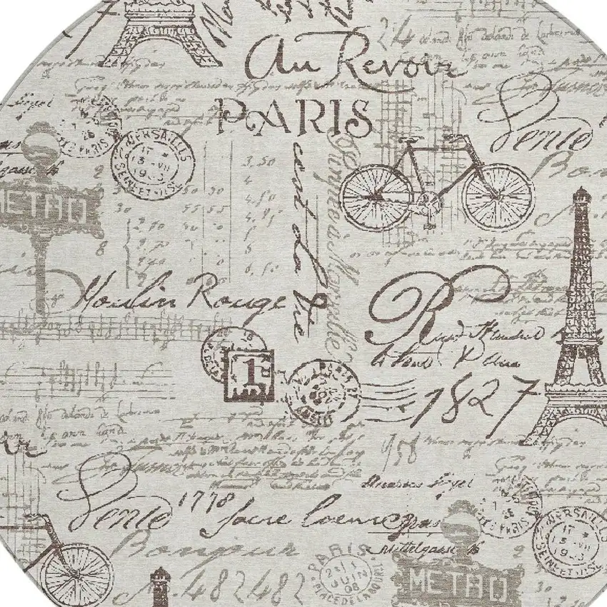 8' Linen Taupe And Ivory Round Toile Washable Indoor Outdoor Area Rug Photo 6