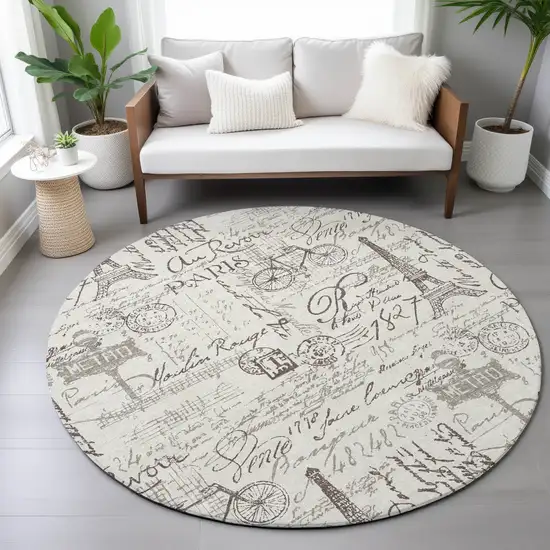 8' Linen Taupe And Ivory Round Toile Washable Indoor Outdoor Area Rug Photo 9