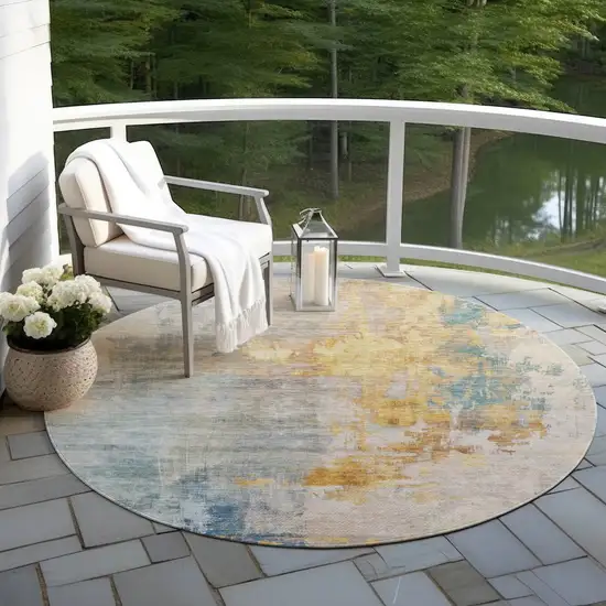 8' Linen Teal Blue And Copper Round Abstract Washable Indoor Outdoor Area Rug Photo 6