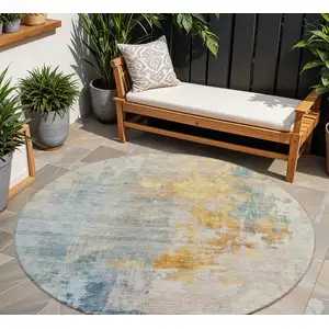 Photo of 8' Linen Teal Blue And Copper Round Abstract Washable Indoor Outdoor Area Rug