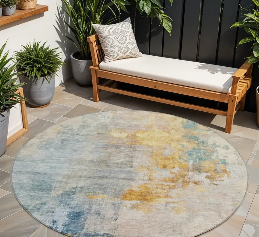 8' Linen Teal Blue And Copper Round Abstract Washable Indoor Outdoor Area Rug Photo 1