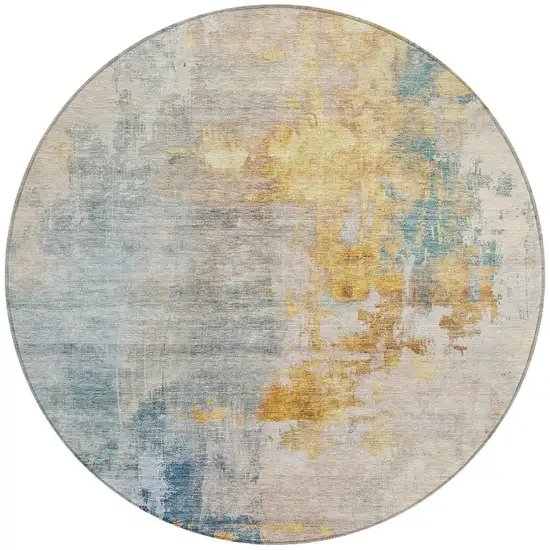8' Linen Teal Blue And Copper Round Abstract Washable Indoor Outdoor Area Rug Photo 5