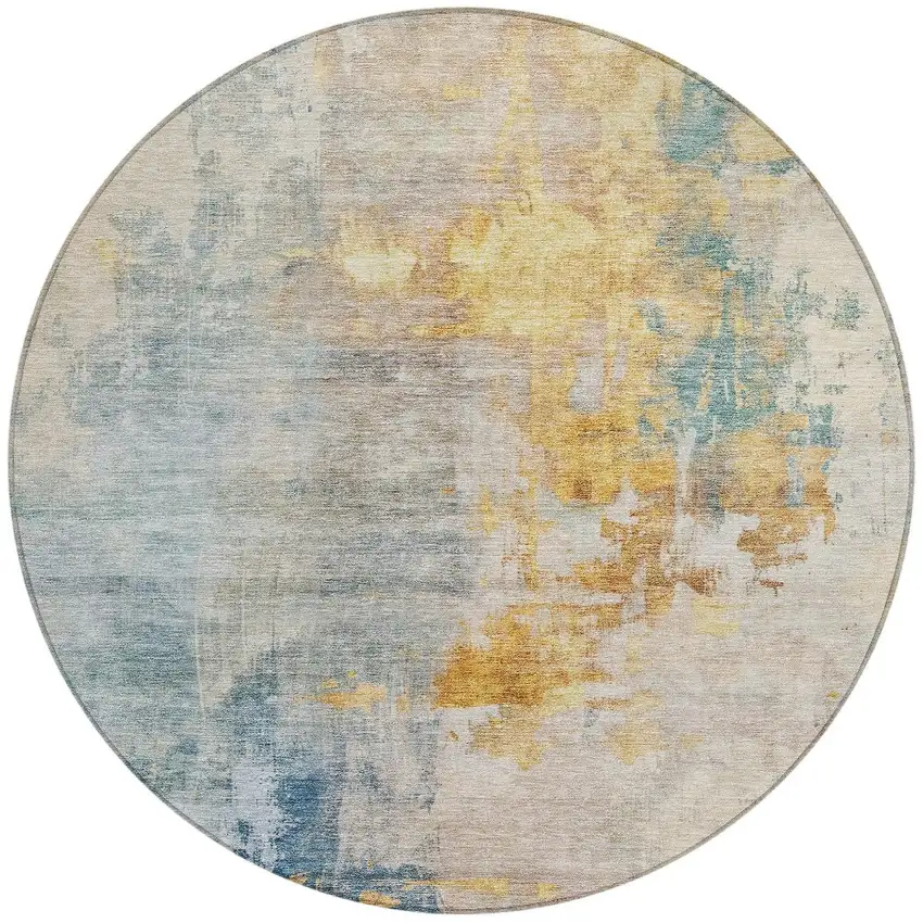 8' Linen Teal Blue And Copper Round Abstract Washable Indoor Outdoor Area Rug Photo 5