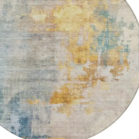 8' Linen Teal Blue And Copper Round Abstract Washable Indoor Outdoor Area Rug Photo 4