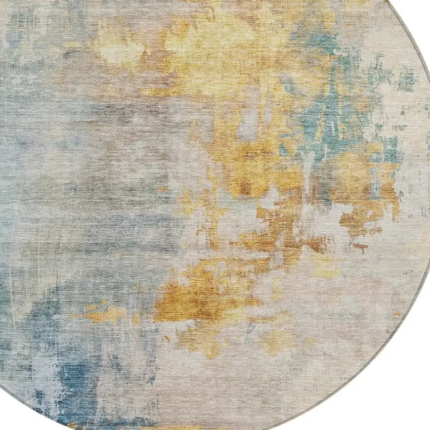 8' Linen Teal Blue And Copper Round Abstract Washable Indoor Outdoor Area Rug Photo 4