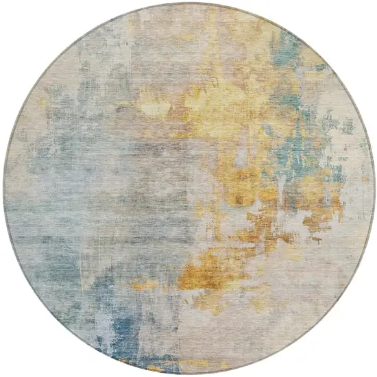8' Linen Teal Blue And Copper Round Abstract Washable Indoor Outdoor Area Rug Photo 2