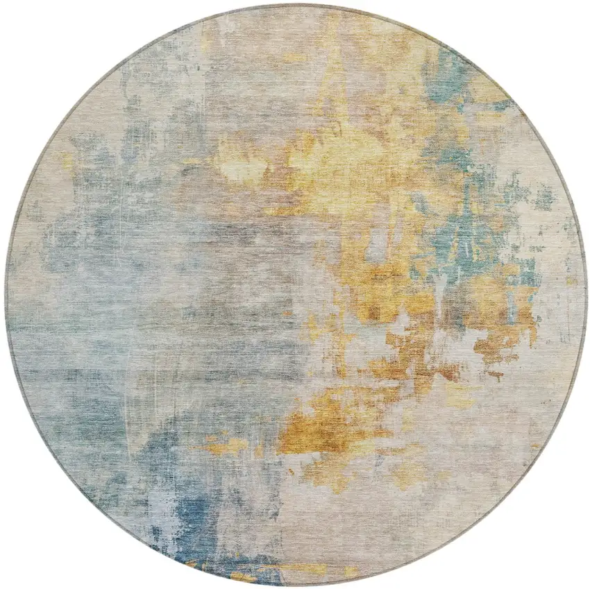 8' Linen Teal Blue And Copper Round Abstract Washable Indoor Outdoor Area Rug Photo 2