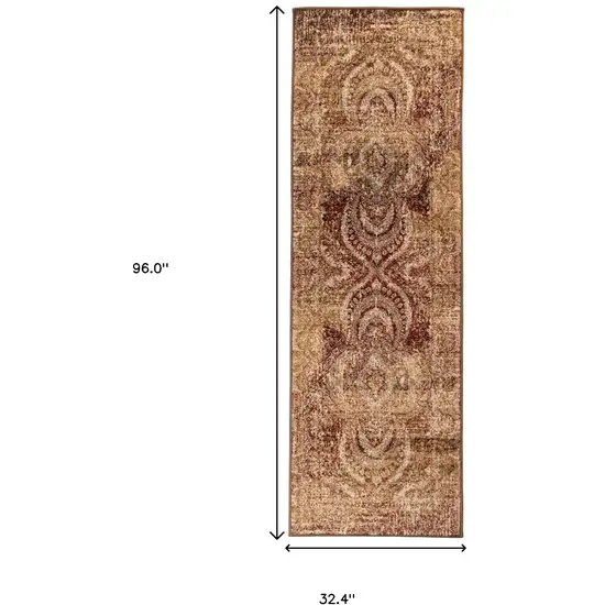 8' Maroon And Gold Abstract Power Loom Distressed Stain Resistant Runner Rug Photo 6