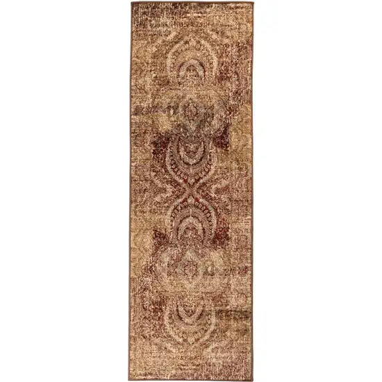 8' Maroon And Gold Abstract Power Loom Distressed Stain Resistant Runner Rug Photo 1