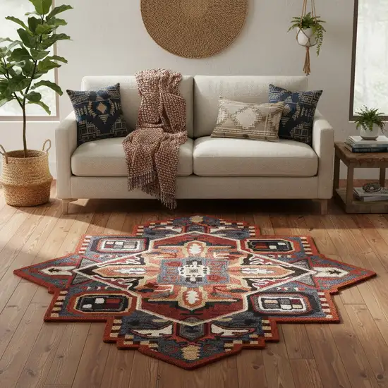 Blue Rust And Orange Wool Medallion Hand Tufted Area Rug Photo 1