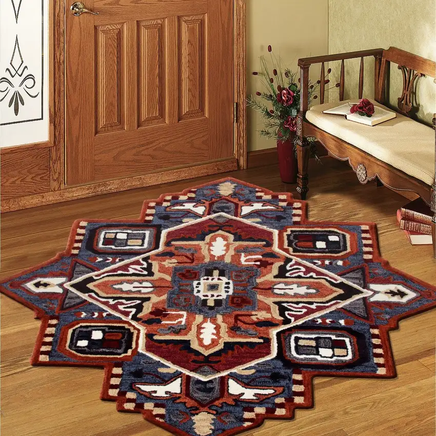7' Maroon and Blue Medallion Area Rug Photo 8