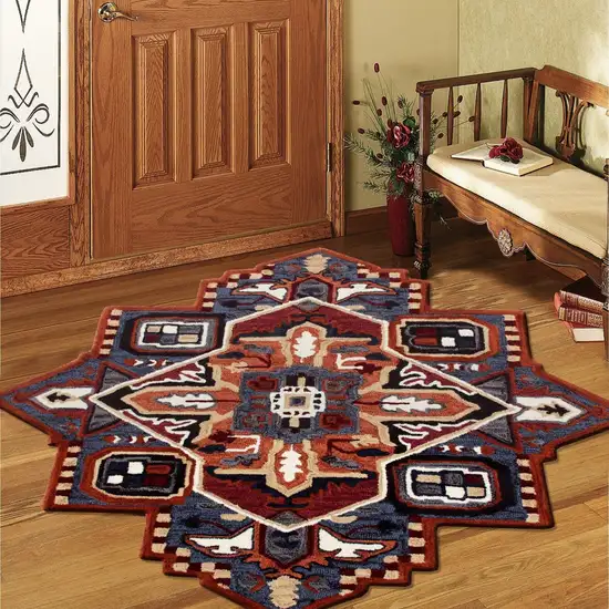 7' Maroon and Blue Medallion Area Rug Photo 8