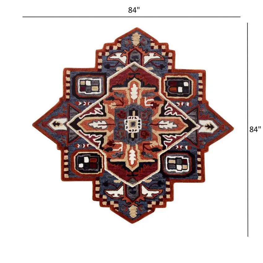 7' Maroon and Blue Medallion Area Rug Photo 6