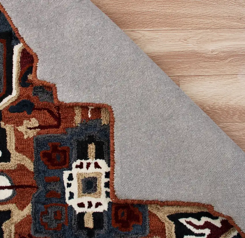 7' Maroon and Blue Medallion Area Rug Photo 7