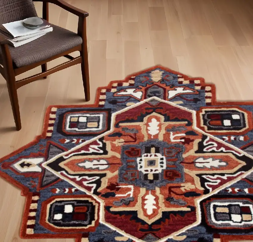 7' Maroon and Blue Medallion Area Rug Photo 1