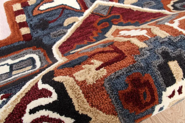 7' Maroon and Blue Medallion Area Rug Photo 5