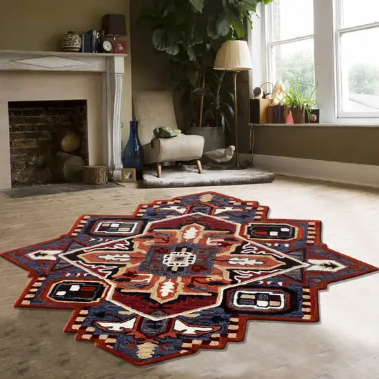 7' Maroon and Blue Medallion Area Rug Photo 9