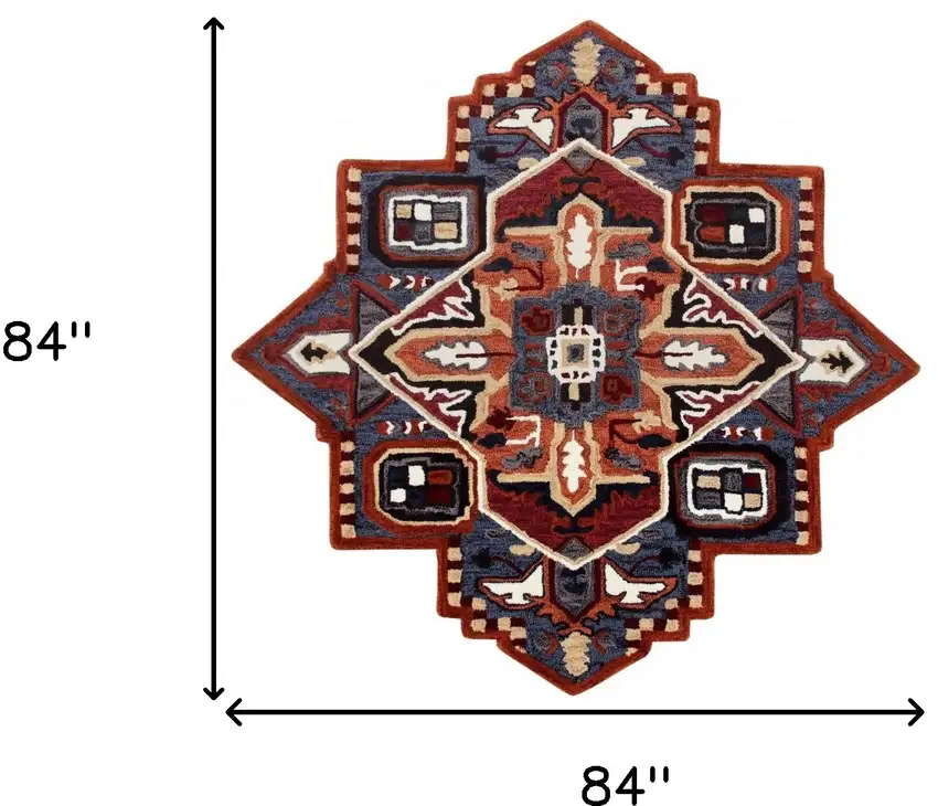 7' Maroon and Blue Medallion Area Rug Photo 3