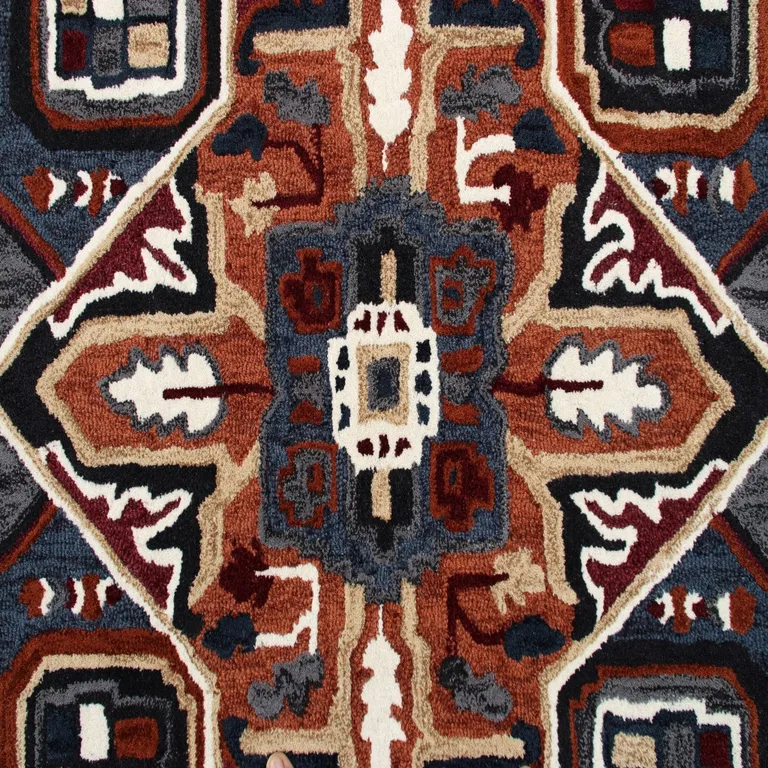7' Maroon and Blue Medallion Area Rug Photo 2