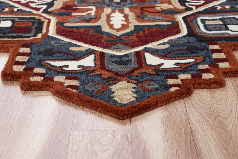 7' Maroon and Blue Medallion Area Rug Photo 4