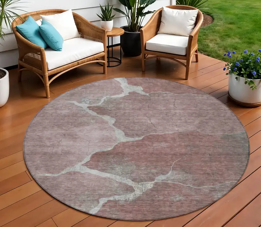 8' Mauve And Beige Round Abstract Washable Indoor Outdoor Area Rug Photo 2