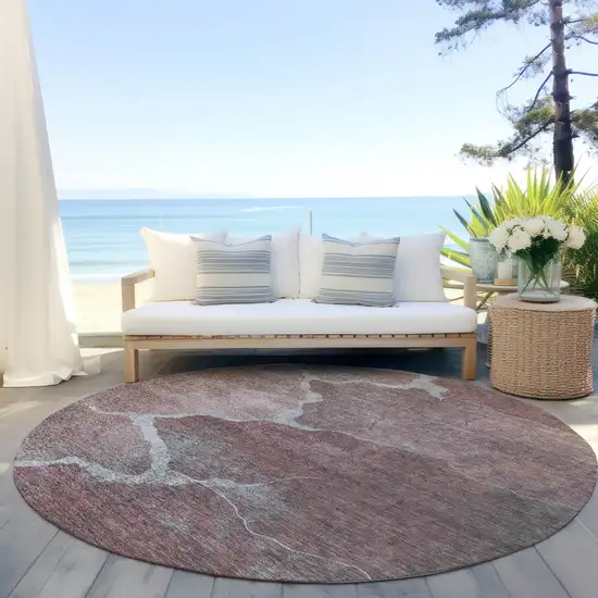 8' Mauve And Beige Round Abstract Washable Indoor Outdoor Area Rug Photo 6