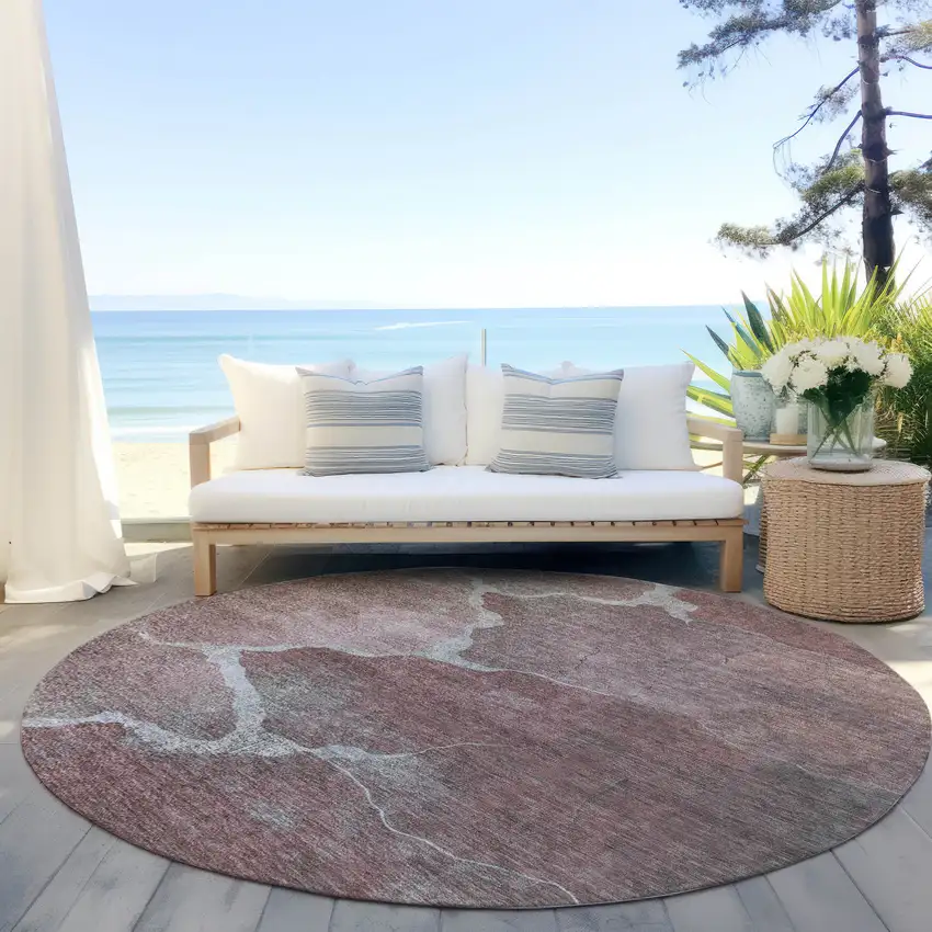 8' Mauve And Beige Round Abstract Washable Indoor Outdoor Area Rug Photo 6