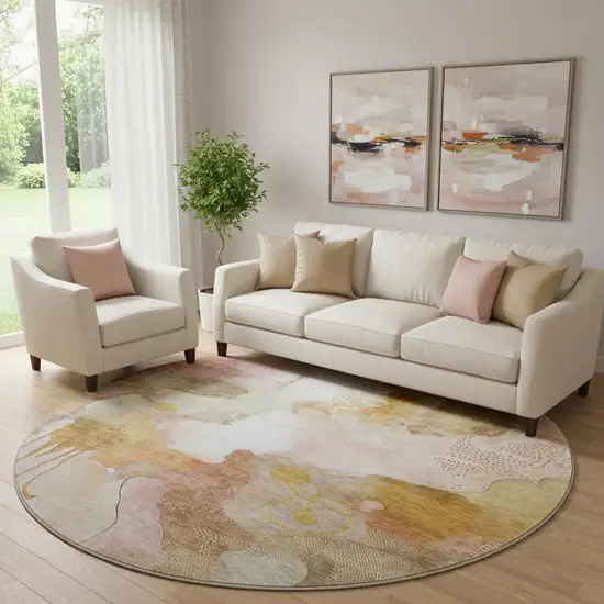 8' Mauve And Copper Abstract Washable Round Rug With UV Protection Photo 2