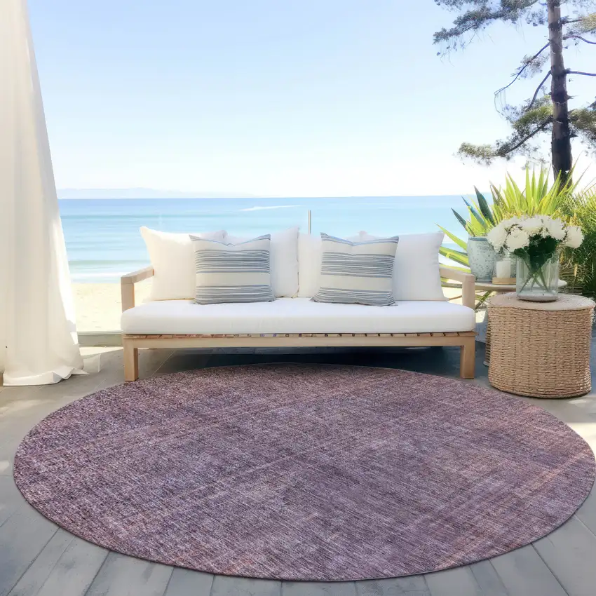8' Mauve And Dark Purple Round Striped Washable Indoor Outdoor Area Rug Photo 6