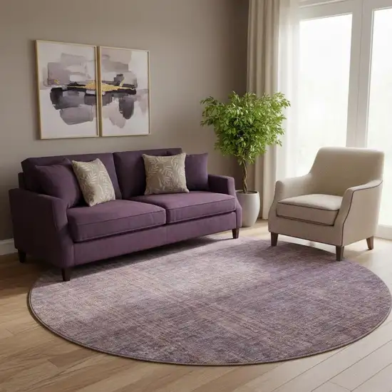 8' Mauve And Plum Striped Washable Round Rug With UV Protection Photo 1