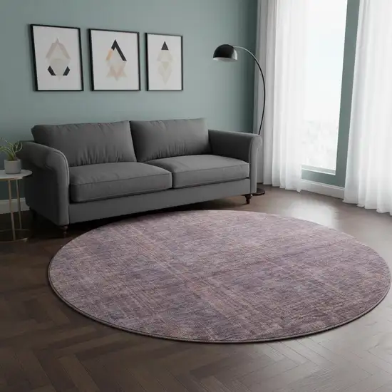 8' Mauve And Plum Striped Washable Round Rug With UV Protection Photo 2