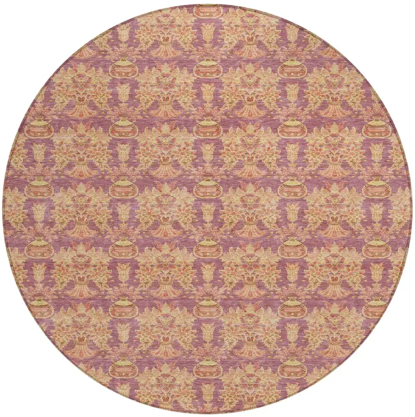8' Mauve And Taupe Round Floral Washable Indoor Outdoor Area Rug Photo 2