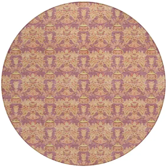 8' Mauve And Taupe Round Floral Washable Indoor Outdoor Area Rug Photo 2