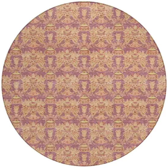 8' Mauve And Taupe Round Floral Washable Indoor Outdoor Area Rug Photo 3