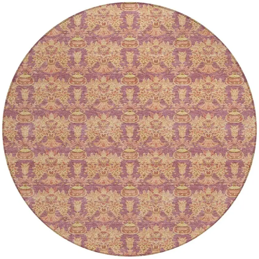 8' Mauve And Taupe Round Floral Washable Indoor Outdoor Area Rug Photo 3