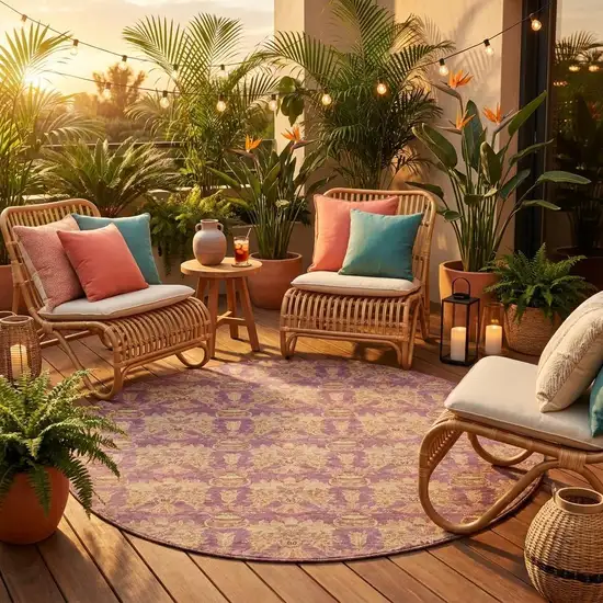 8' Mauve And Taupe Round Floral Washable Indoor Outdoor Area Rug Photo 1