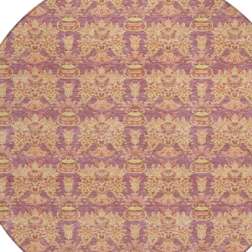 8' Mauve And Taupe Round Floral Washable Indoor Outdoor Area Rug Photo 4