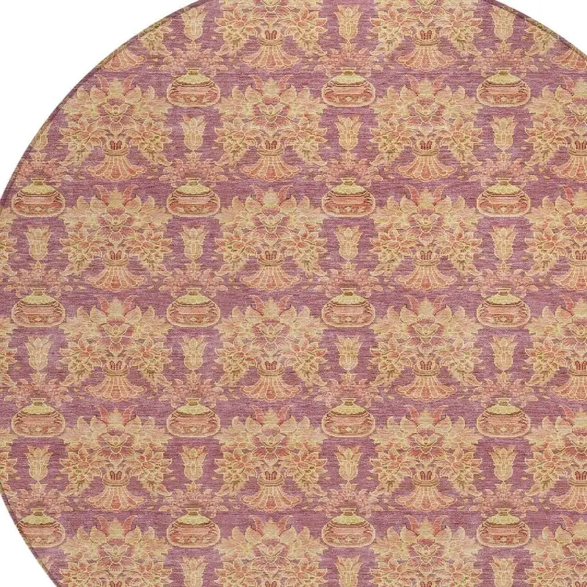 8' Mauve And Taupe Round Floral Washable Indoor Outdoor Area Rug Photo 5