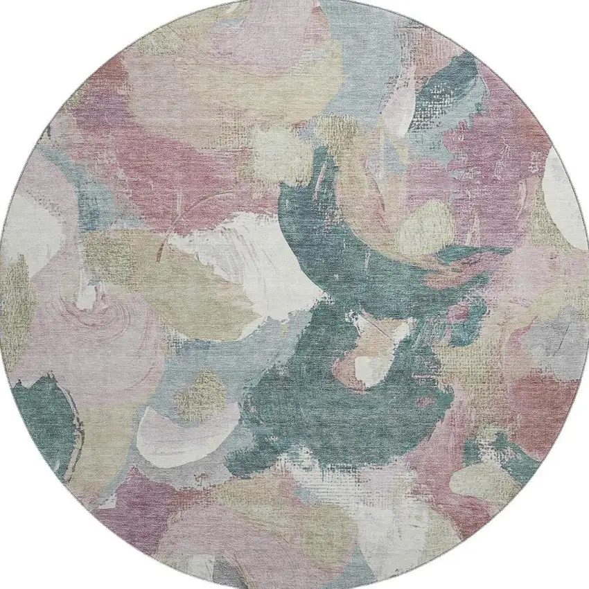 8' Mauve Beige And Blush Abstract Washable Round Rug With UV Protection Photo 4