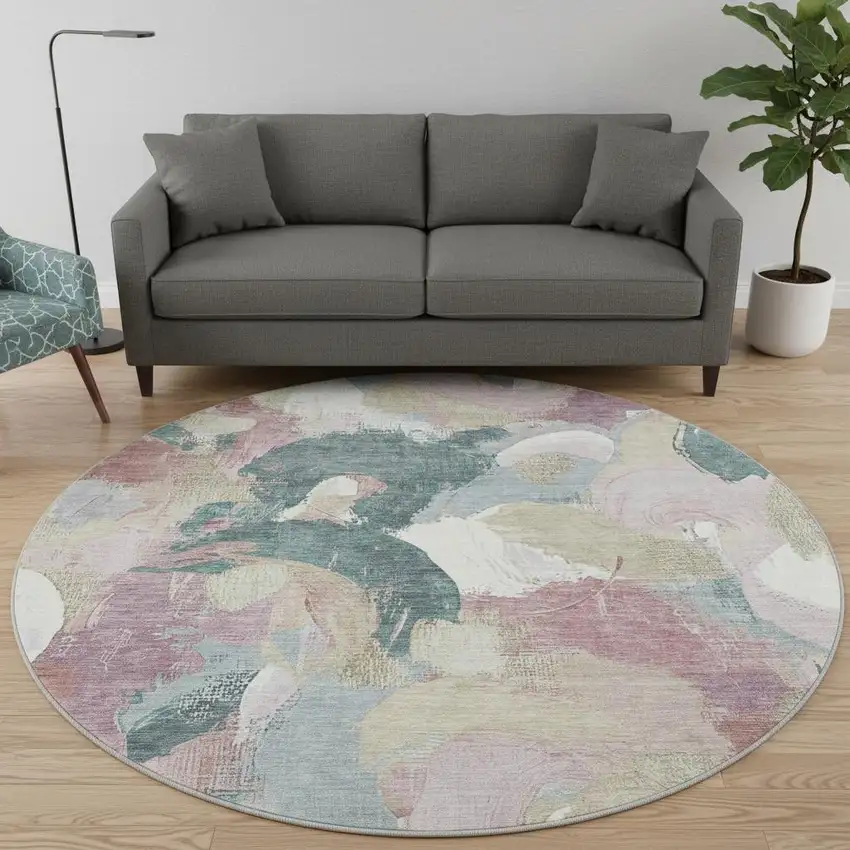 8' Mauve Beige And Blush Abstract Washable Round Rug With UV Protection Photo 2