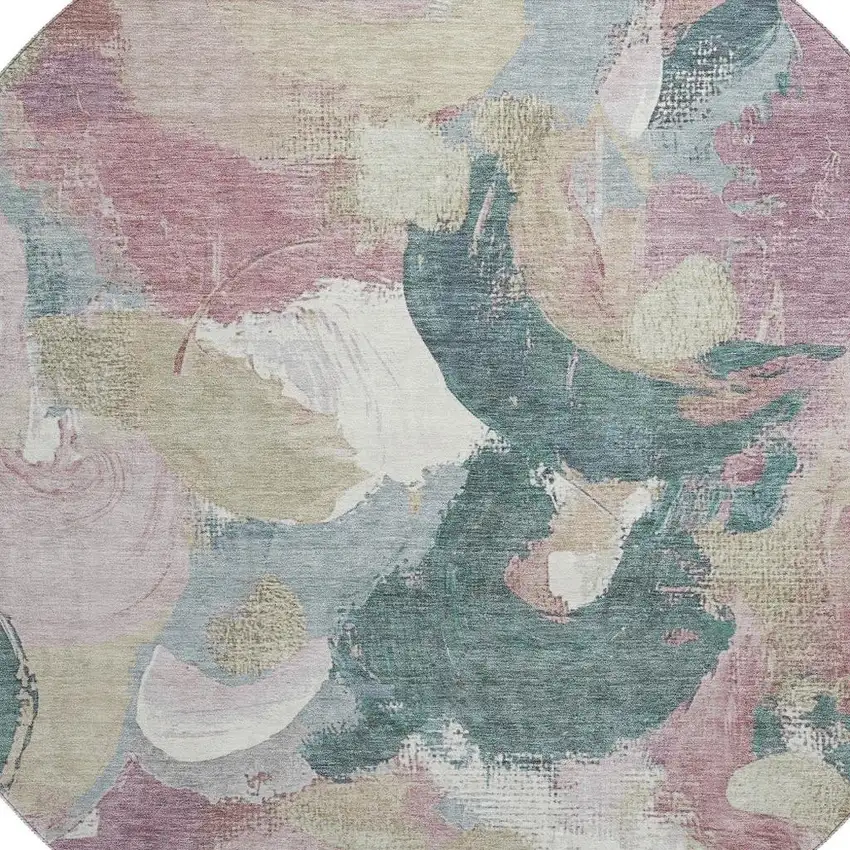 8' Mauve Beige And Blush Abstract Washable Round Rug With UV Protection Photo 3