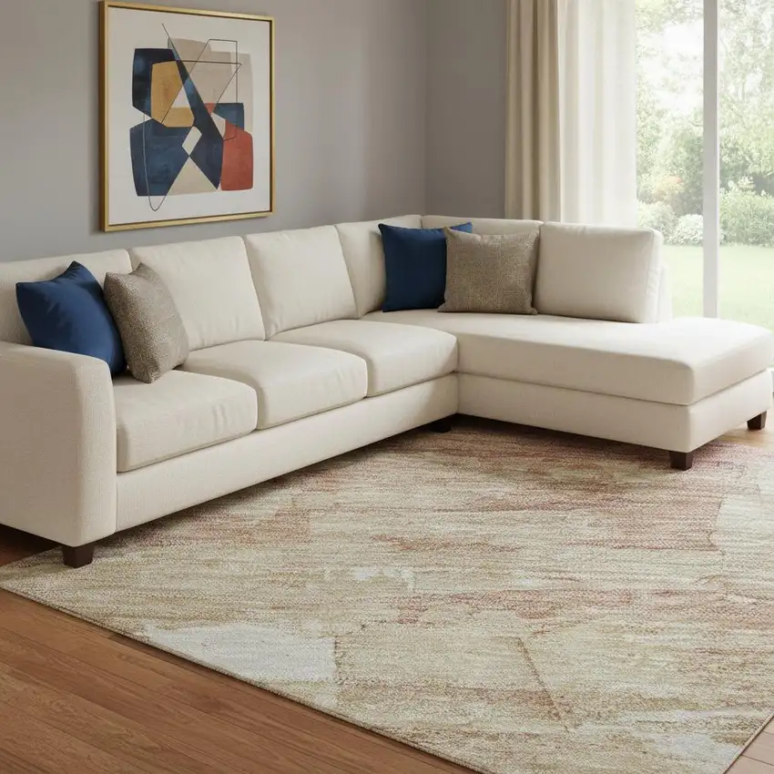 8' Mauve Beige And Pink Striped Washable Area Rug With UV Protection Photo 2