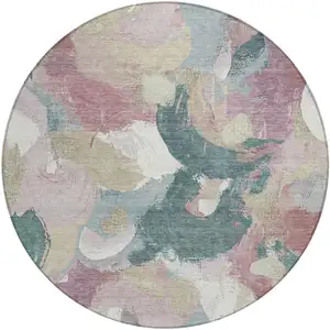Photo of 8' Mauve Beige And Sage Round Abstract Washable Indoor Outdoor Area Rug
