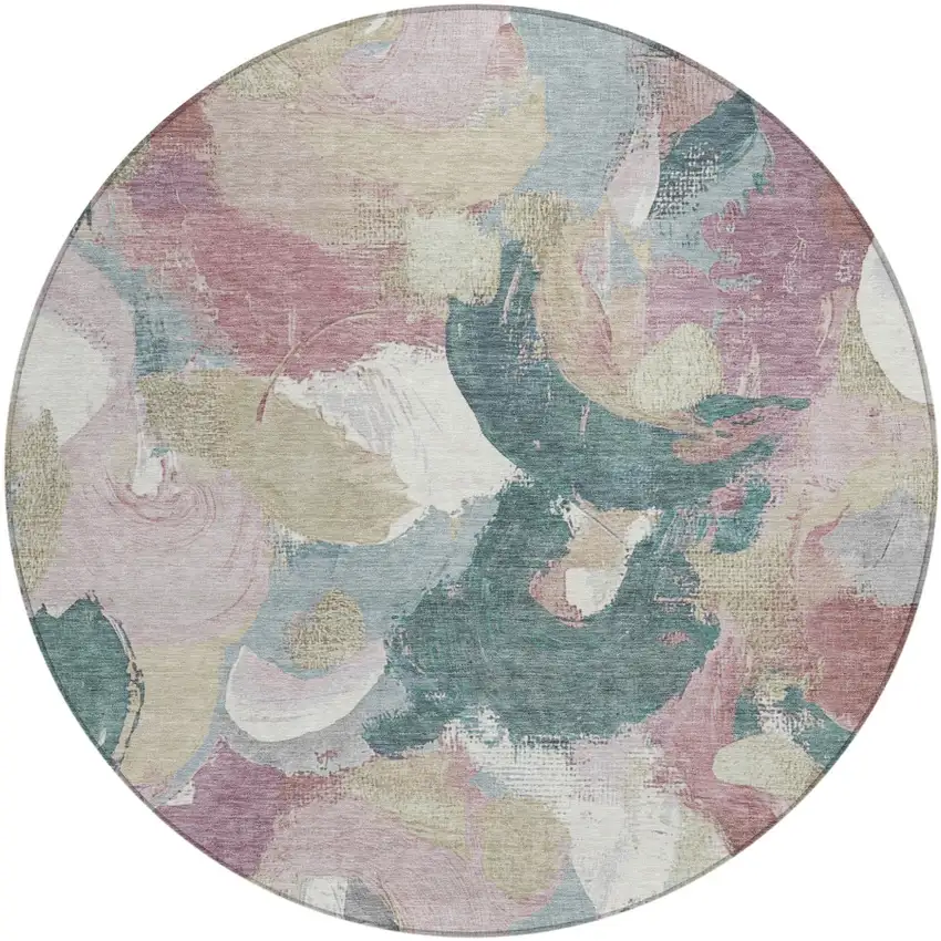 8' Mauve Beige And Sage Round Abstract Washable Indoor Outdoor Area Rug Photo 1