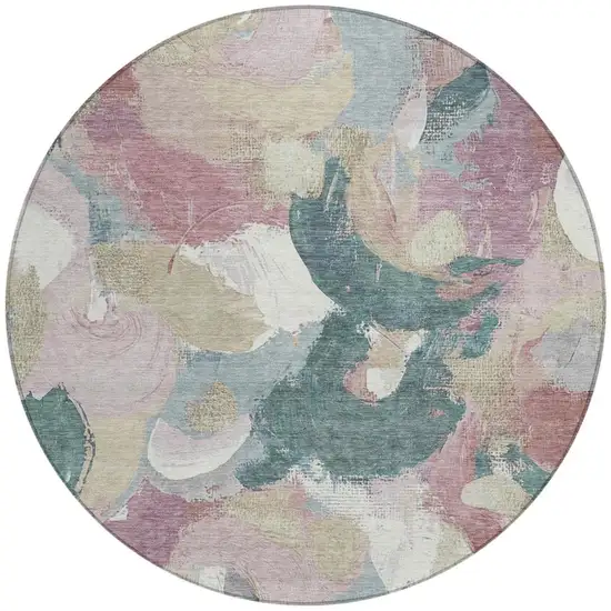 8' Mauve Beige And Sage Round Abstract Washable Indoor Outdoor Area Rug Photo 3