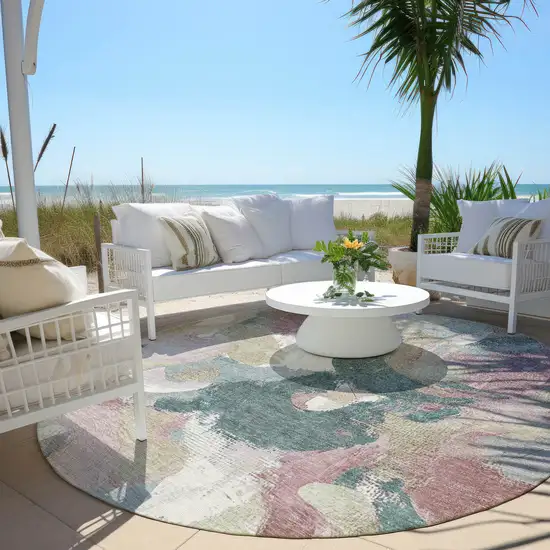 8' Mauve Beige And Sage Round Abstract Washable Indoor Outdoor Area Rug Photo 5