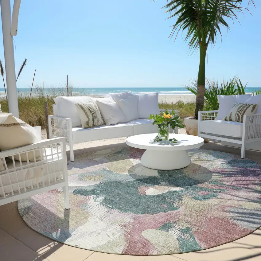 8' Mauve Beige And Sage Round Abstract Washable Indoor Outdoor Area Rug Photo 5