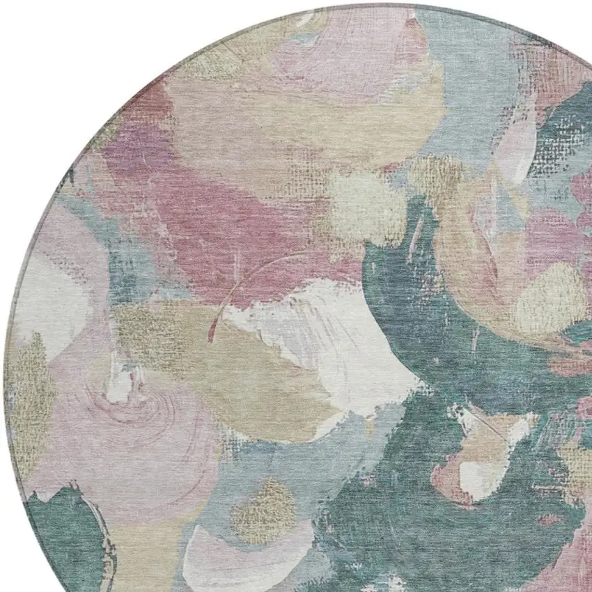8' Mauve Beige And Sage Round Abstract Washable Indoor Outdoor Area Rug Photo 8